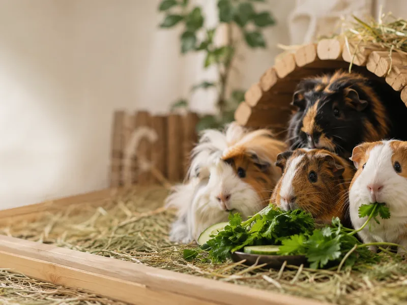 Cuyos en un hábitat cálido, con heno y verduras